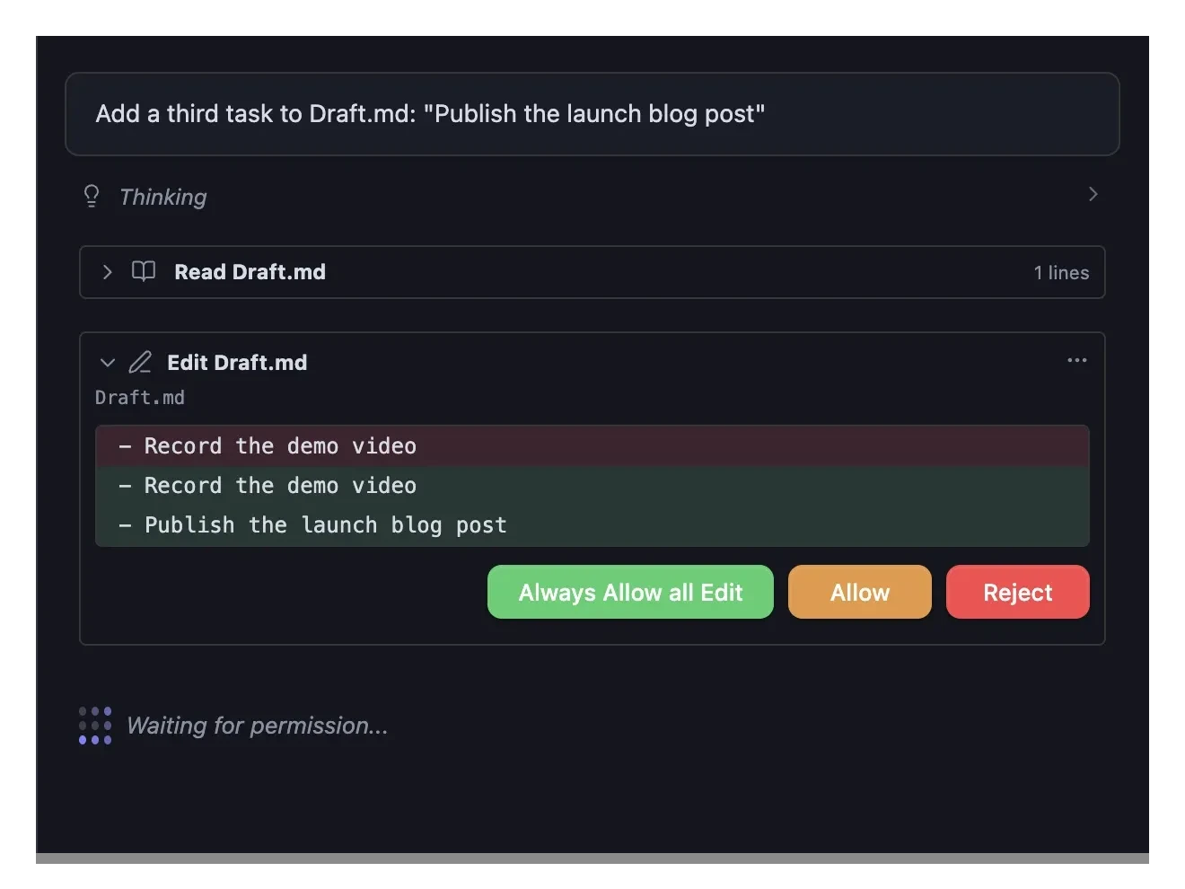 A file-edit permission card showing a diff with Allow and Reject buttons
