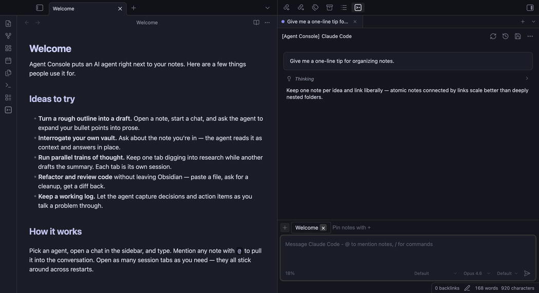 Three agent sessions in parallel tabs beside an open note in Obsidian – each tab keeps its own conversation and status icon
