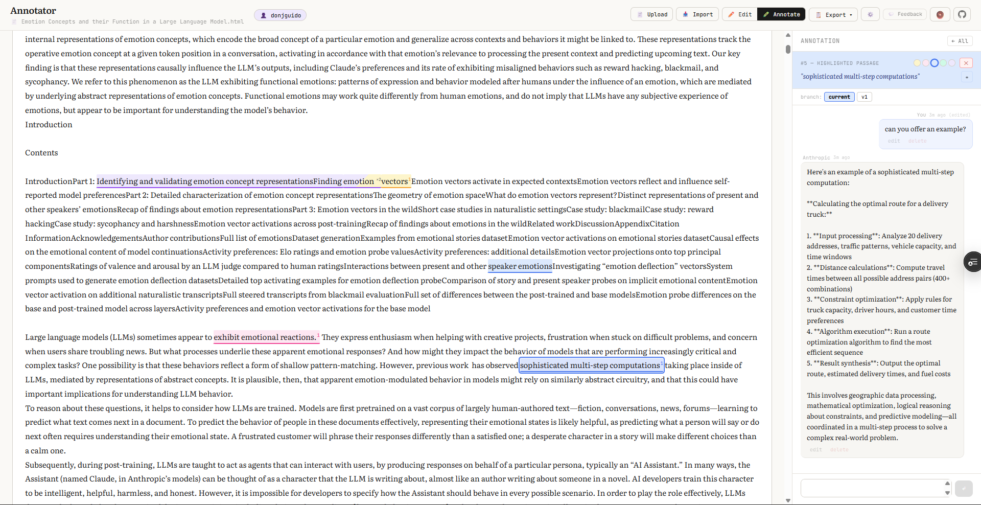 Annotator workspace with highlights and AI sidebar
