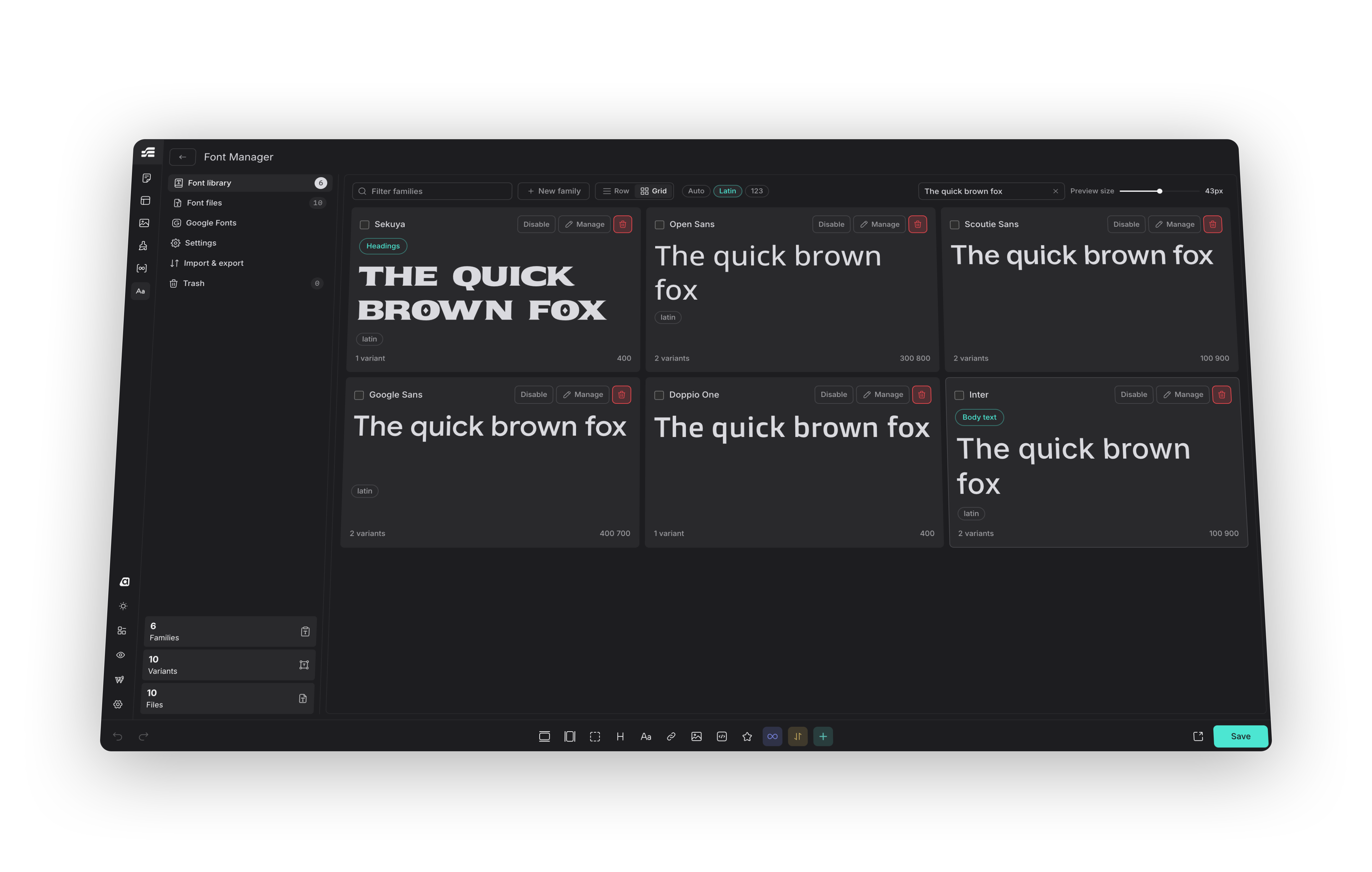 Etch Font Manager showing a grid of locally hosted font families inside the Etch builder
