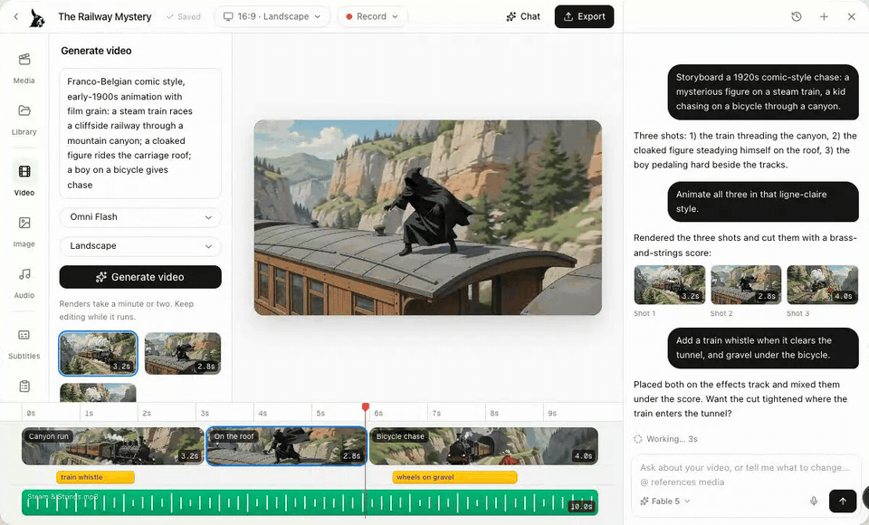 The Donkey Cut editor with The Railway Mystery open: generated shots in the side panel, clips and score on the timeline