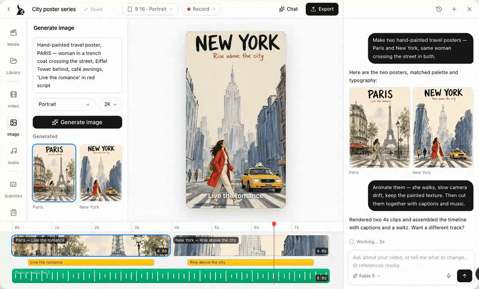 The Donkey Cut editor with the City poster series open: both posters generated in the side panel, animated clips with captions and a waltz on the timeline