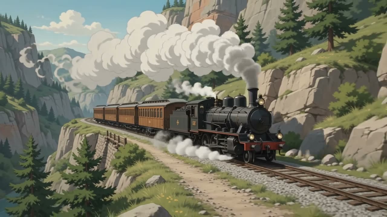 Steam train threading a mountain canyon