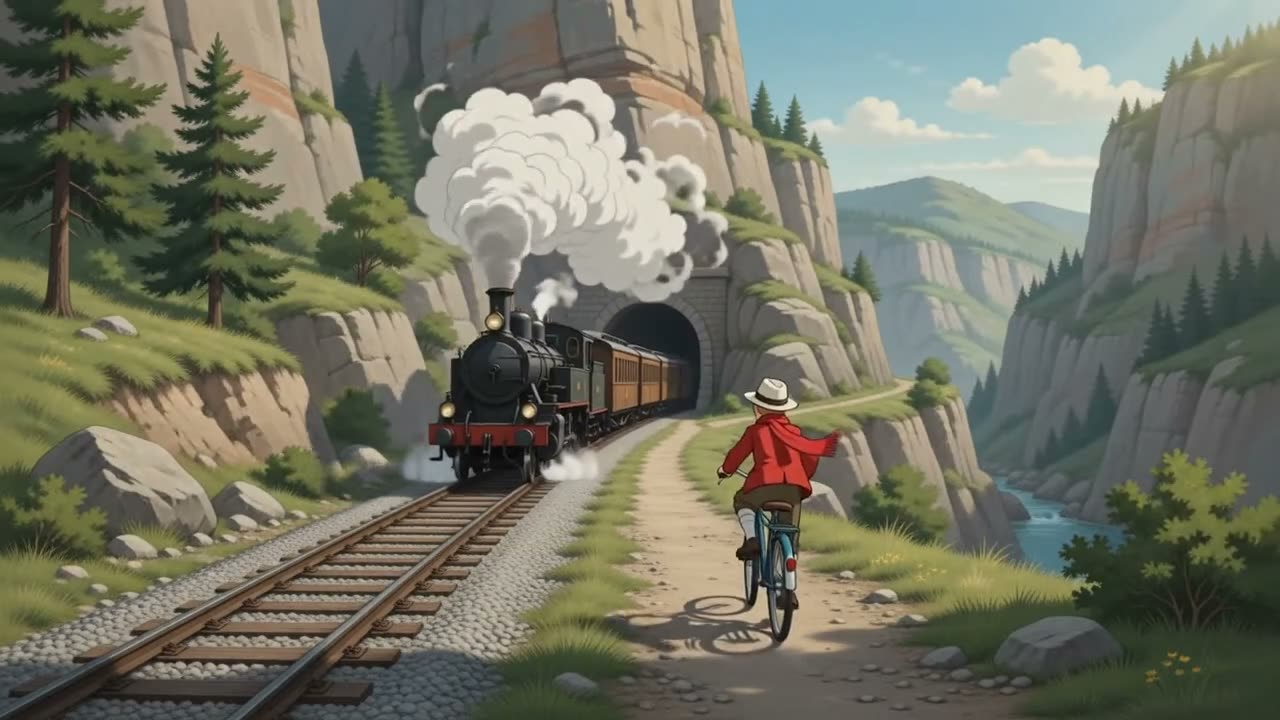 Boy on a bicycle chasing the train