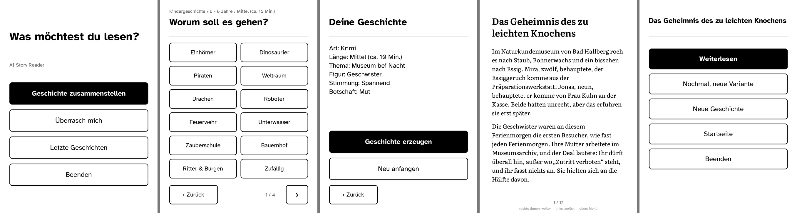 Screens: home, theme picker, summary, story page, menu