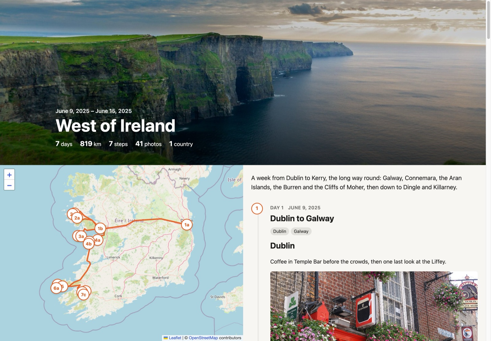 The demo trip: a header photo of the Cliffs of Moher above the trip's dates and stats, a map of the route from Dublin round the west coast to Kerry, and the first day's story with a photo of Temple Bar.