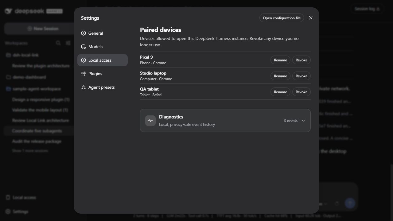 DeepSeek Harness Settings opened directly on the compact Local access paired-device list
