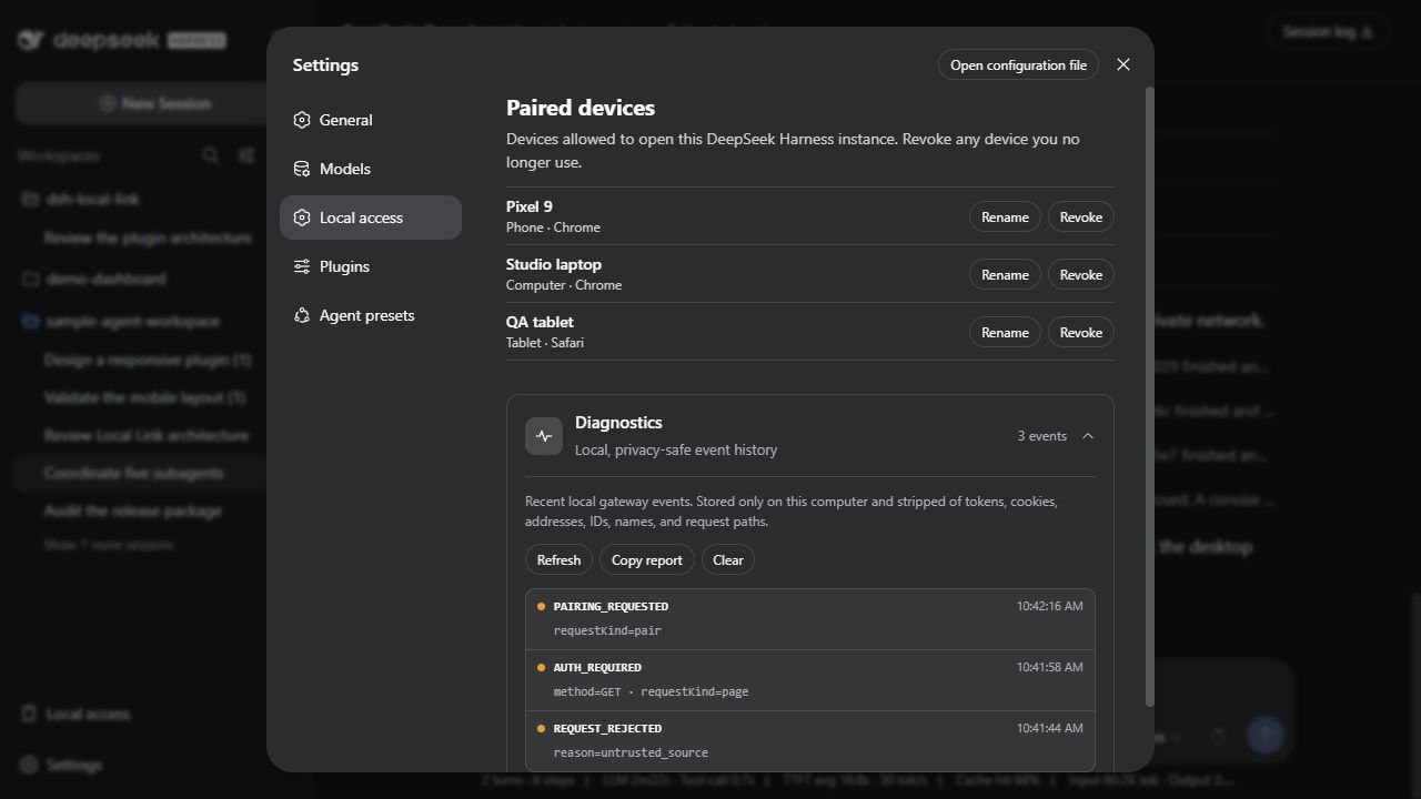 DeepSeek Harness Local access settings with the native-style Diagnostics panel expanded