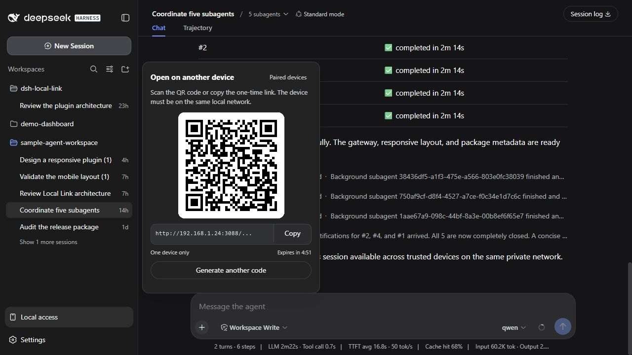 DeepSeek Harness with the Local access QR panel, one-time link, and Paired devices shortcut