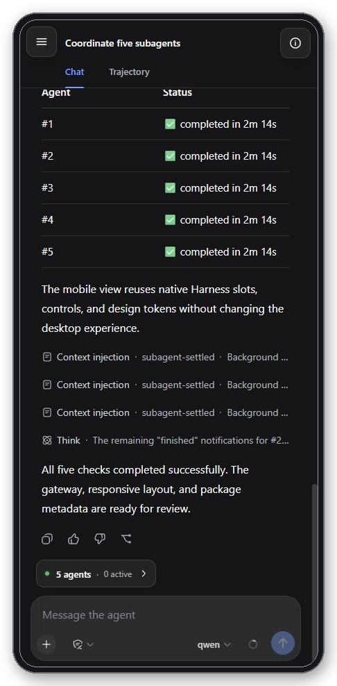 Live Mobile View Harness conversation, composer, and visible total and active subagent counts