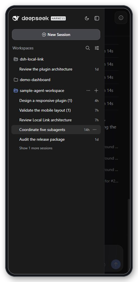 Live Mobile View left navigation drawer with native workspace and session actions