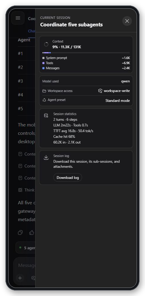 Live Mobile View Current session drawer with context, model, workspace access, preset, activity, and session log