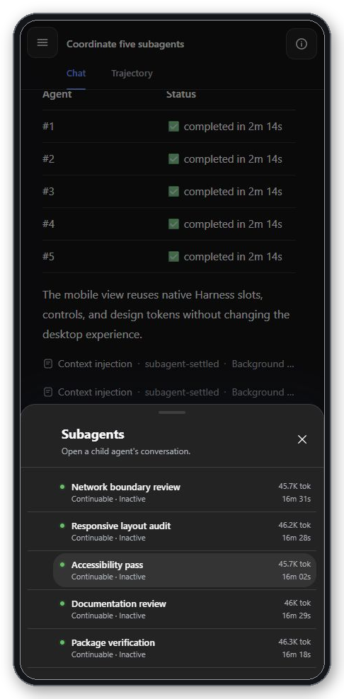 Live Mobile View nested subagent sheet with activity, tokens, and duration