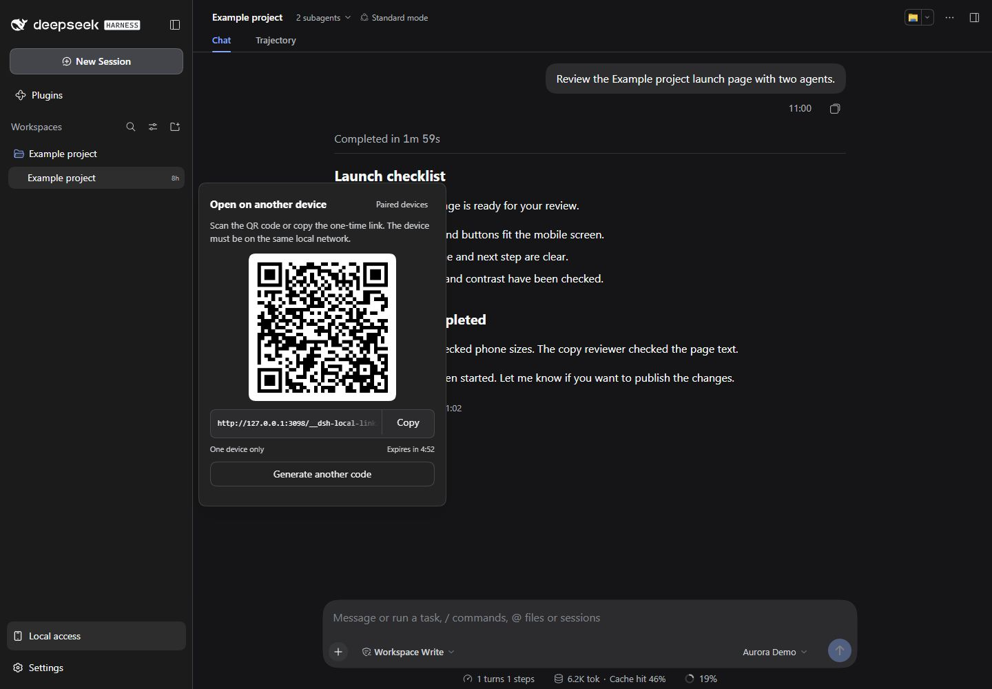 DeepSeek Harness with dsh-local-link open: one-time QR pairing to the current stock Harness session