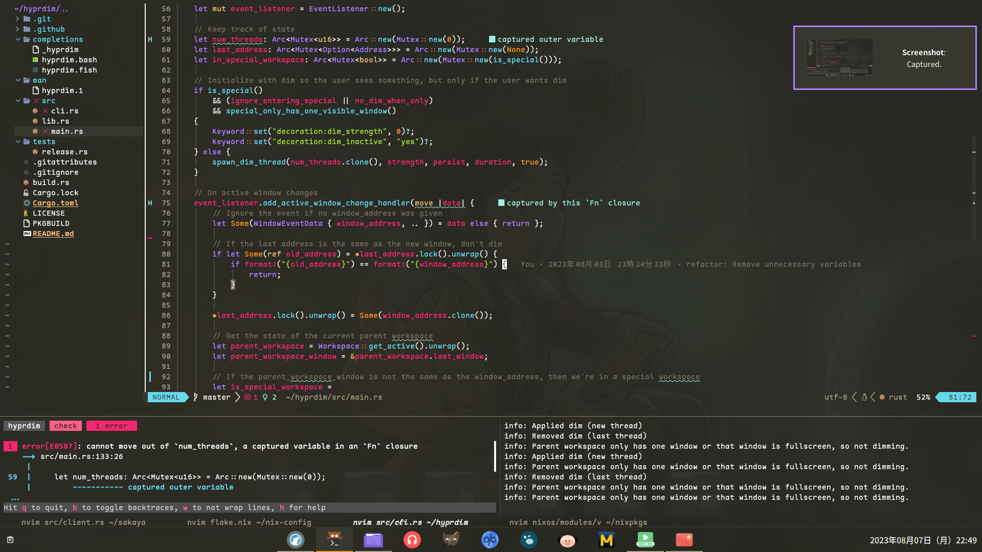 A screenshot of a Rust programming environment with Neovim, kitty, and bacon.