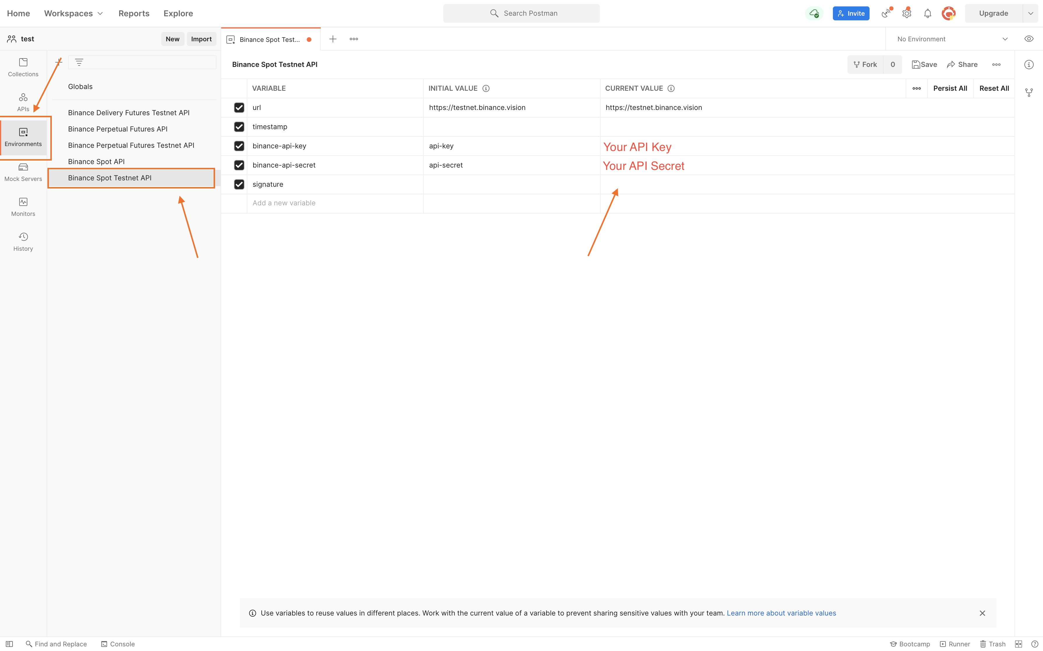 Screenshot of Postman for Mac, showing where the user should fill in their API and secret keys.