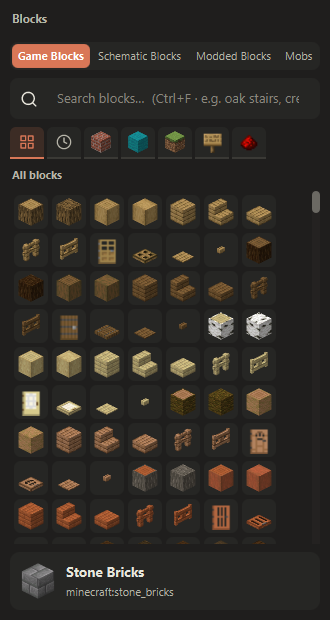 The block palette, laid out like the creative menu
