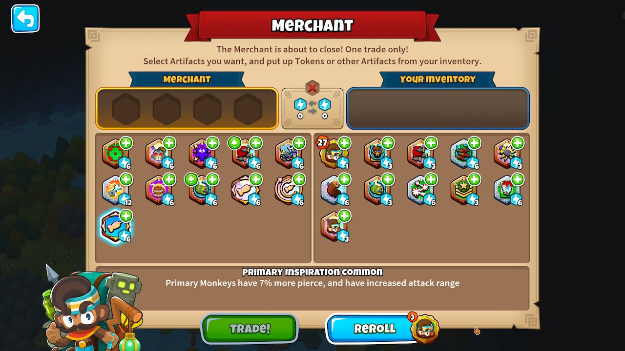 Screenshot of the merchant panel showing reroll option and boosts