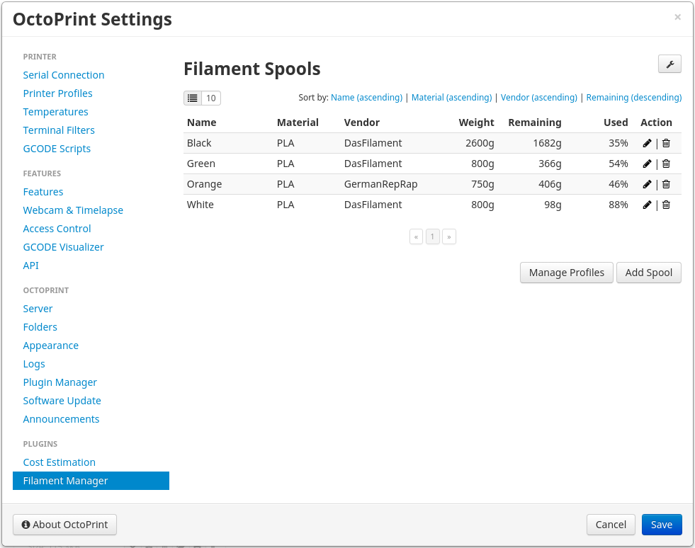 FilamentManager Settings