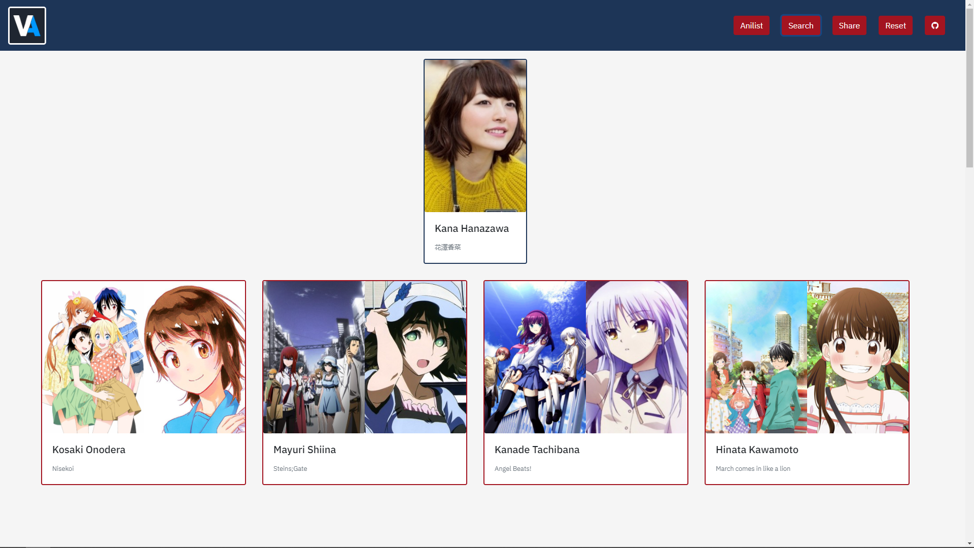 Screenshot of a basic voice actor search for Kana Hanazawa