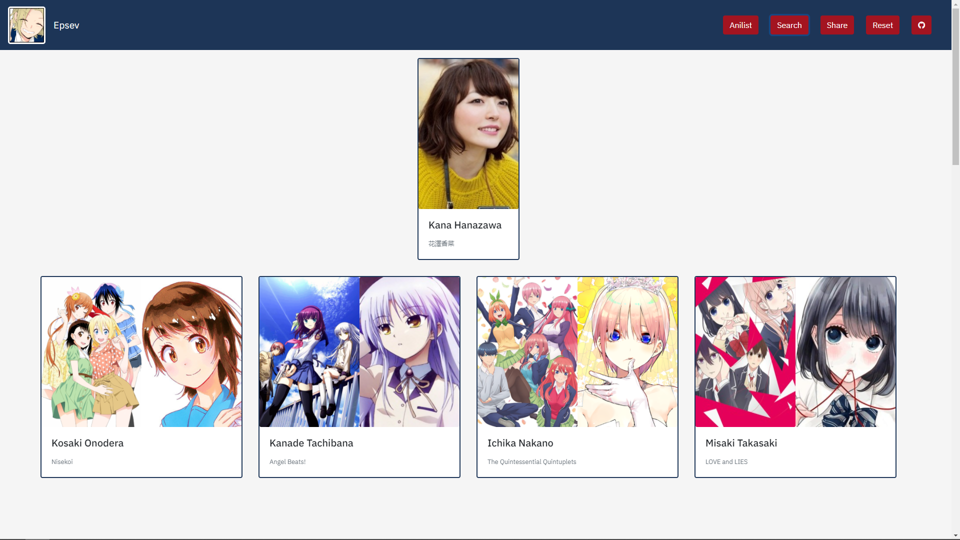 Screenshot of a cross-referenced voice actor search for Kana Hanazawa