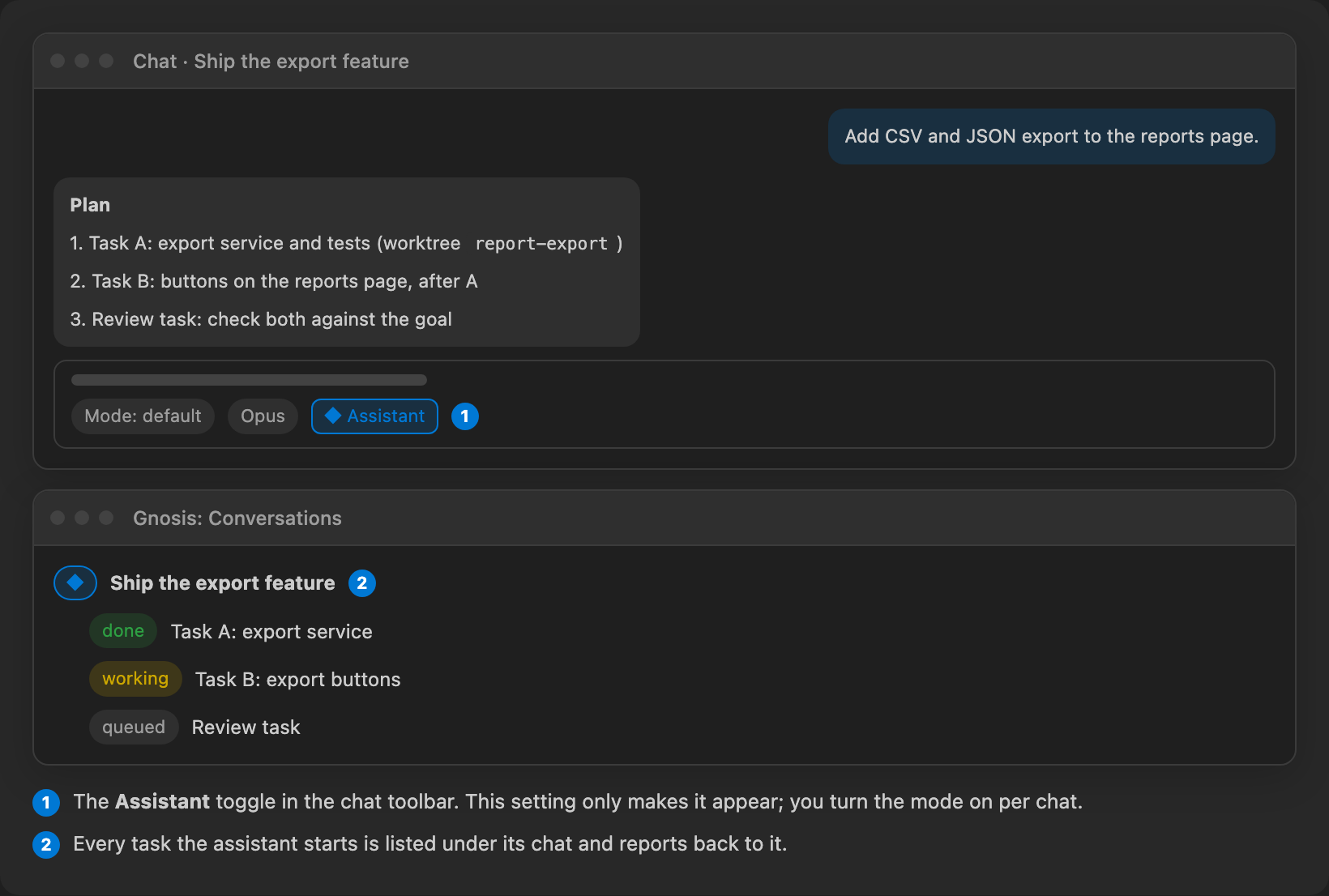 The Assistant toggle, and the assistant's tasks nested in the Conversations list.