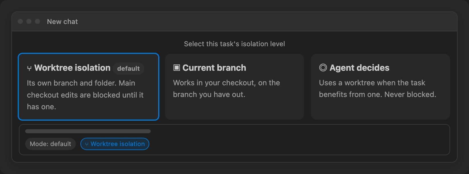 The new-chat page: the workspace default is pre-selected; the first message locks the choice.