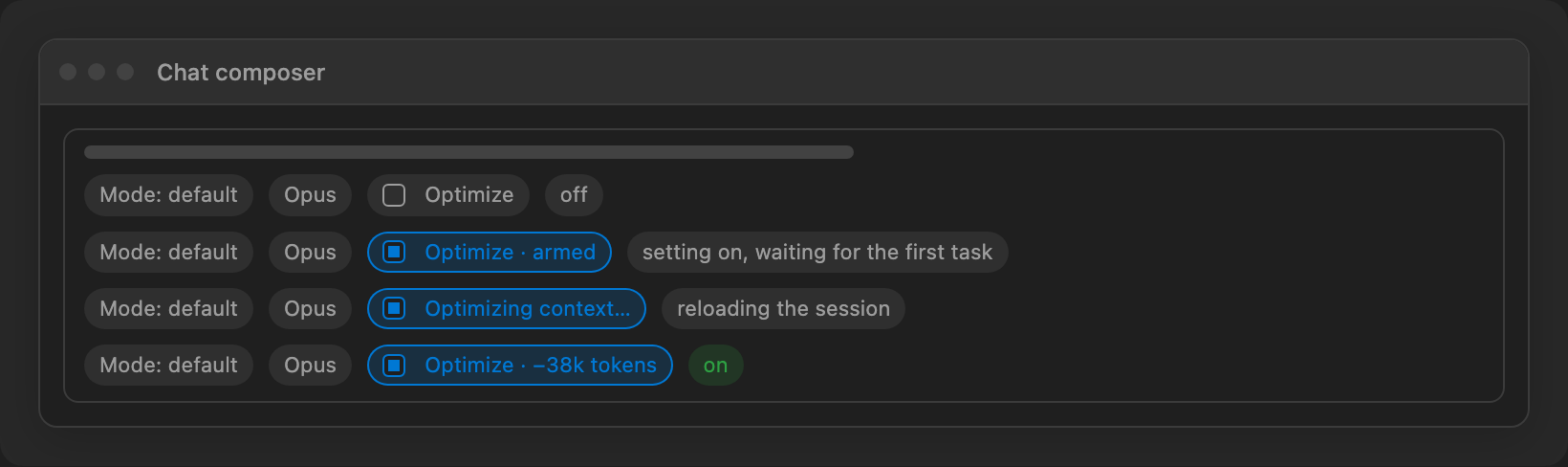 The composer toggle in its four states: off, armed, working, on.