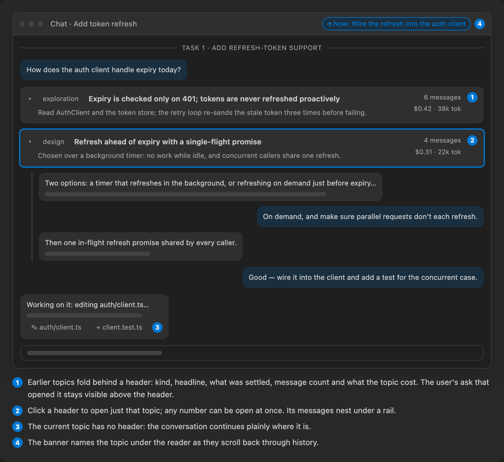 The chat folded into topics; the current topic plain.