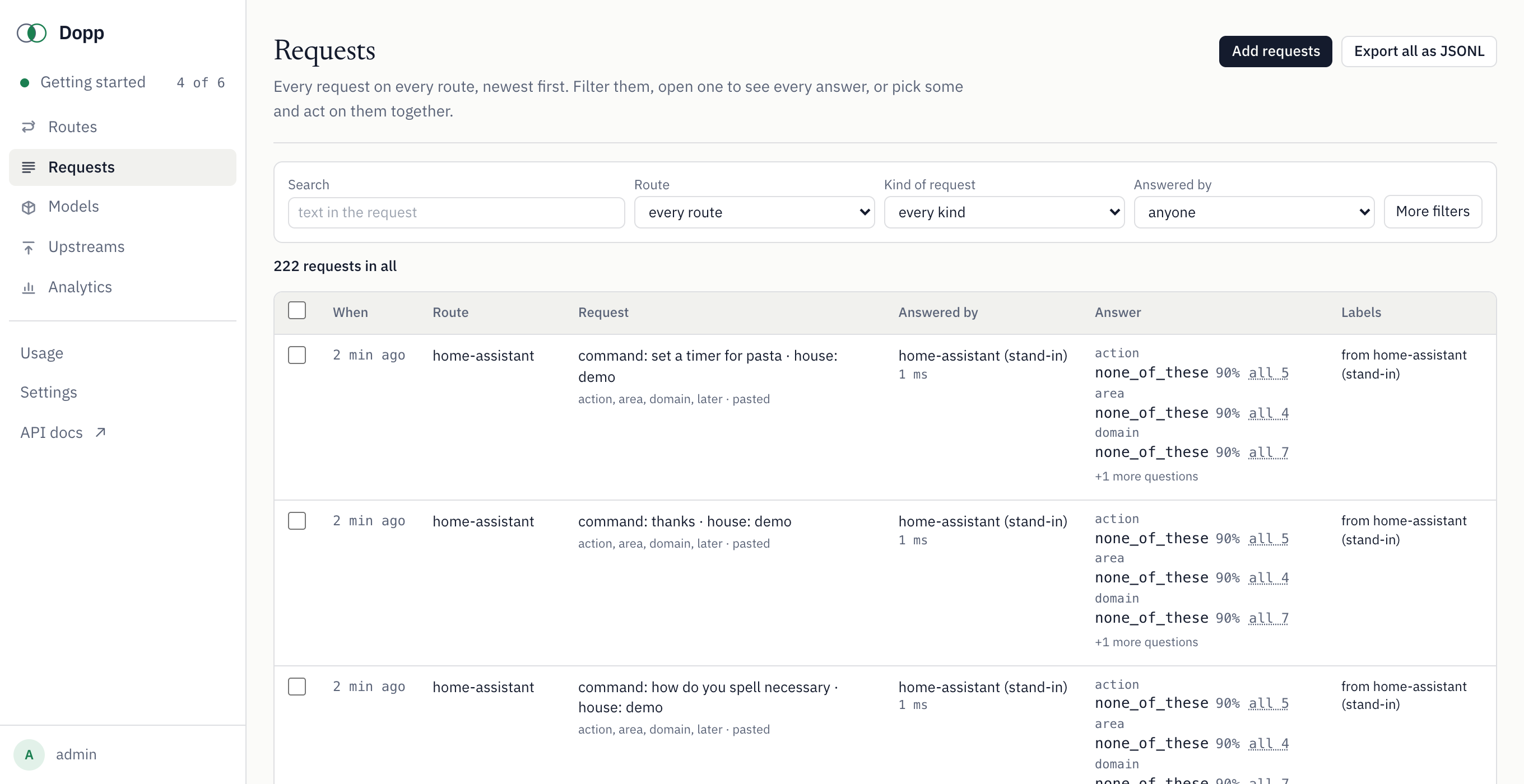 The Requests page: every request on every route, newest first, with the request, who answered, how long it took, and each answer with its probability.