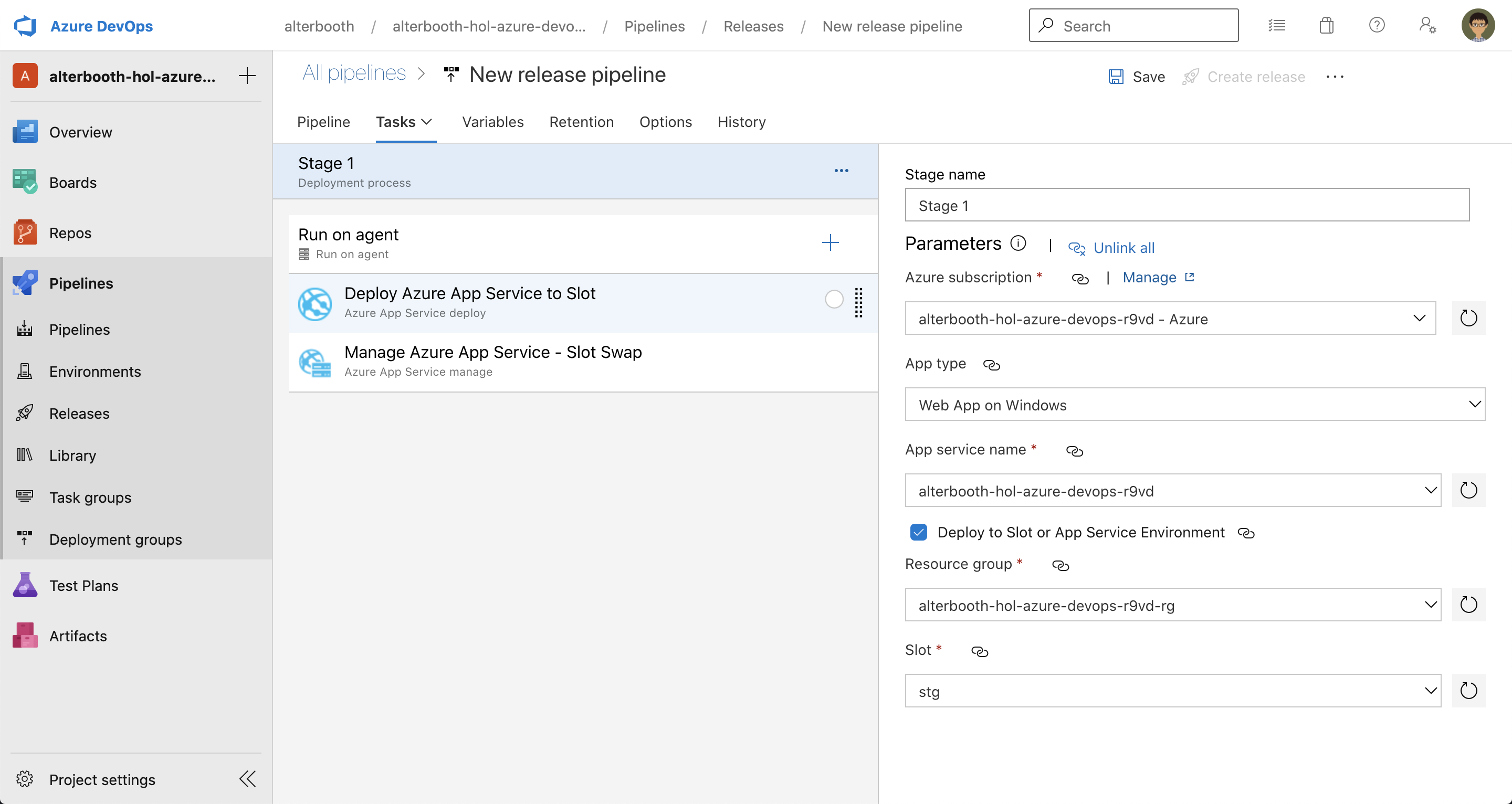 New Release Pipeline Web App Slot Tasks