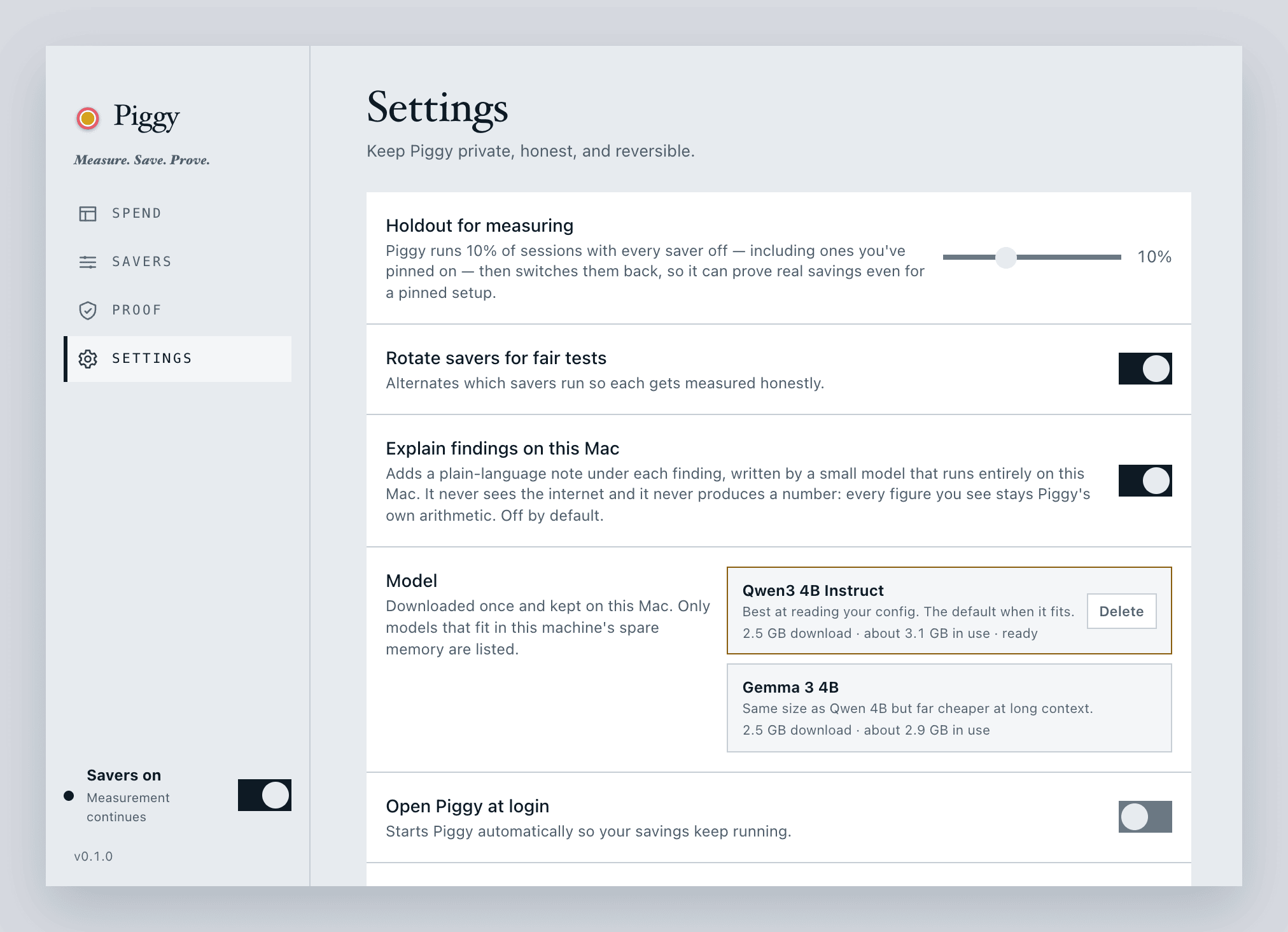 Piggy's Settings tab: a 'Holdout for measuring' slider set to 10%, a 'Rotate savers for fair tests' toggle that is on, an 'Open Piggy at login' toggle that is off, a 'Command line tool' toggle that is off, an Updates card reading 'Piggy checks only when you ask it to' with a Check for updates button, and a Health section