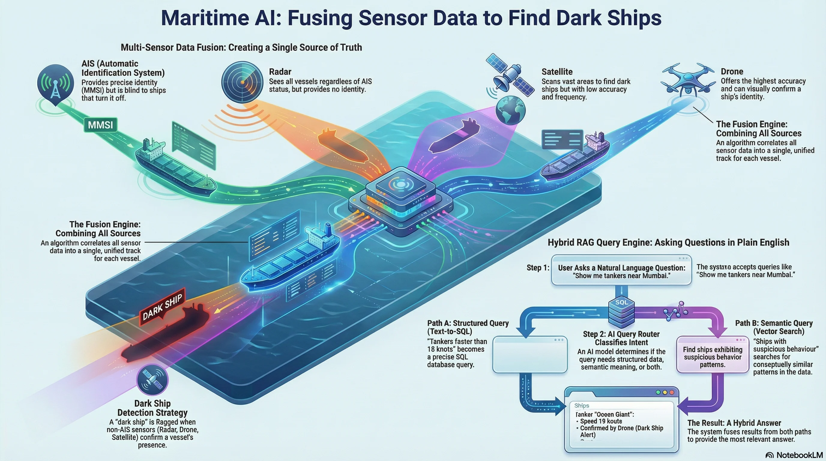 Maritime Dark Ship Detection - Multi-Sensor Fusion & RAG System architecture diagram