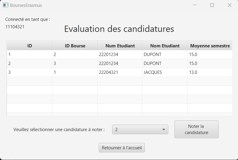 Page d'évaluation des candidatures