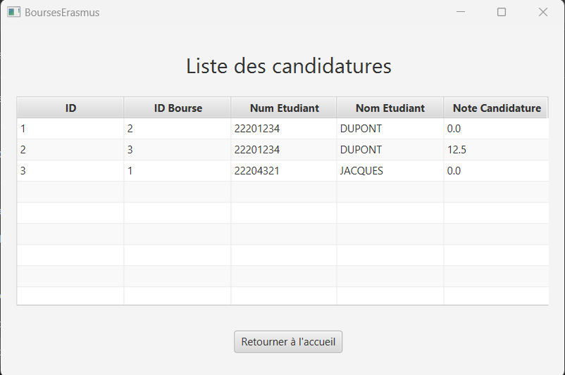 Page de consultation de la liste des candidatures