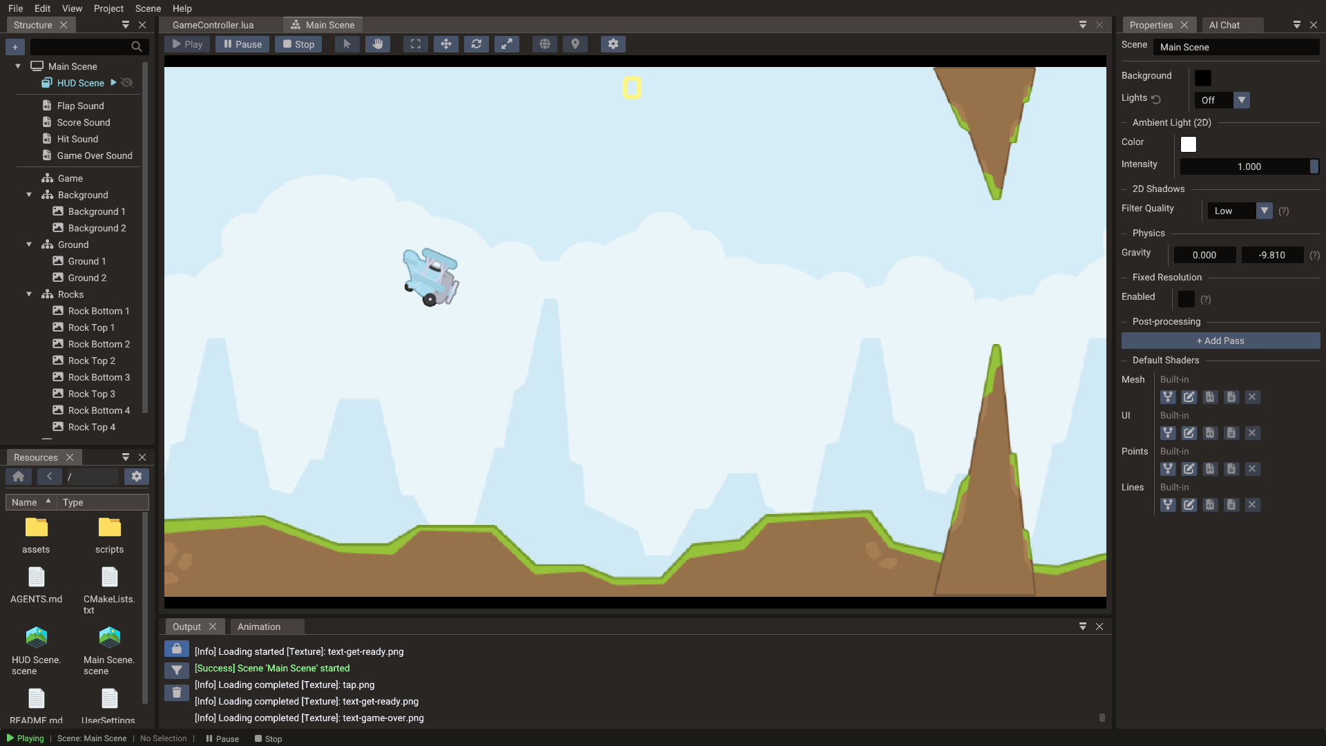 Tappy Plane running in the Doriax editor's play mode
