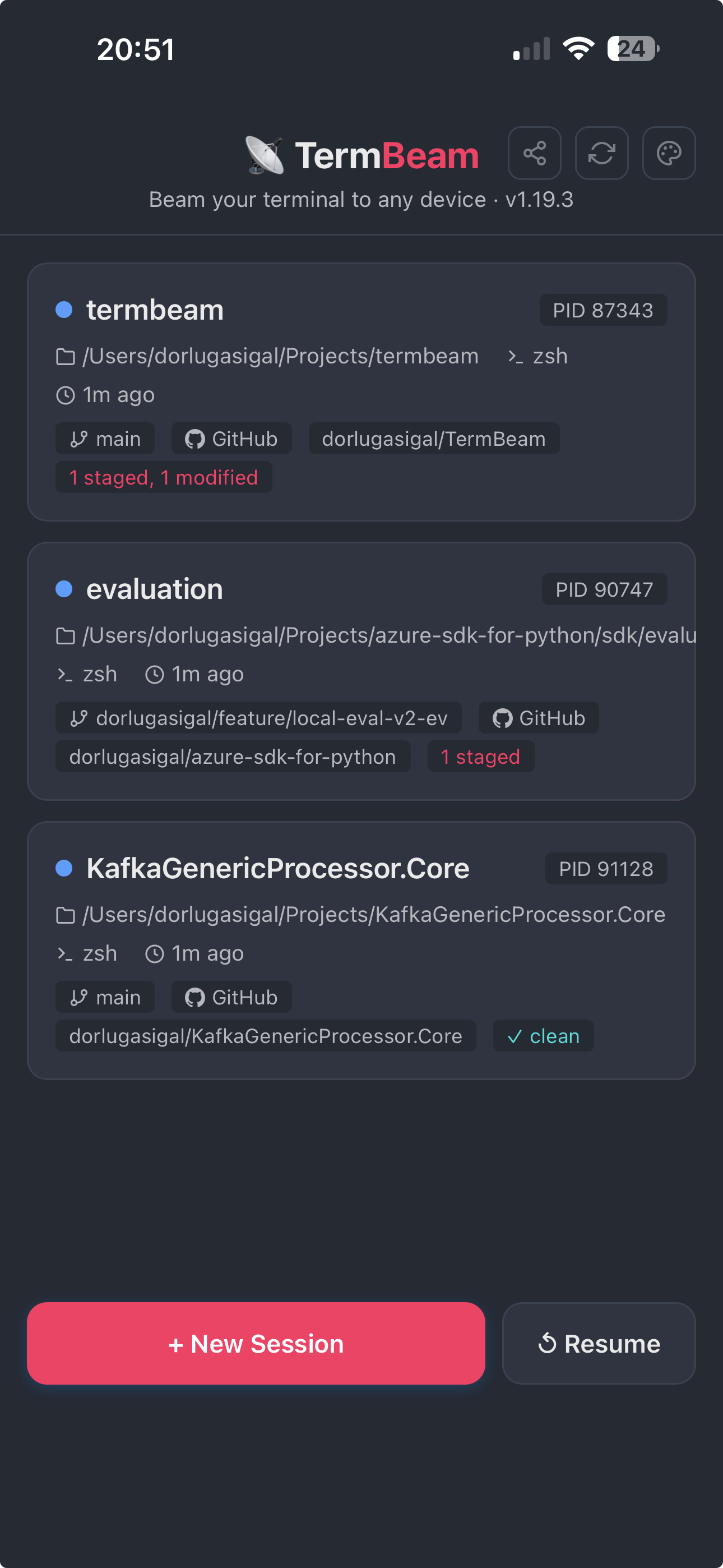 Session hub on mobile