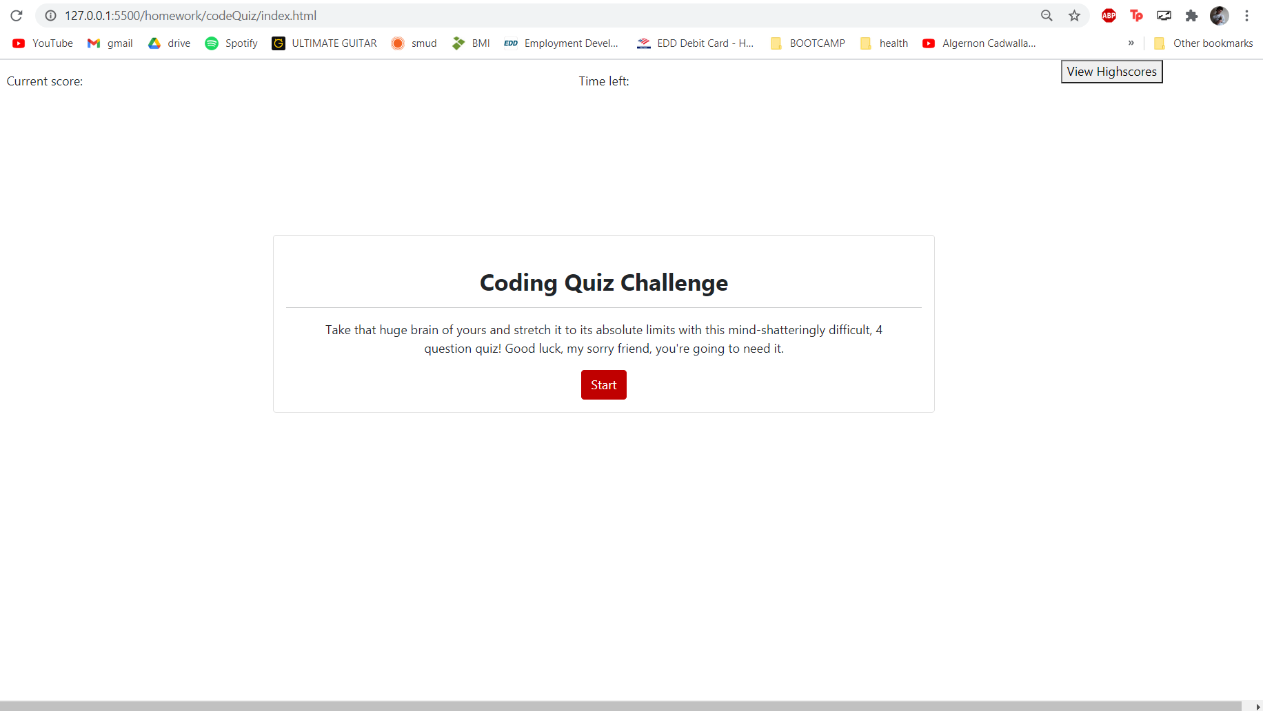 Screenshot of Code Quiz application