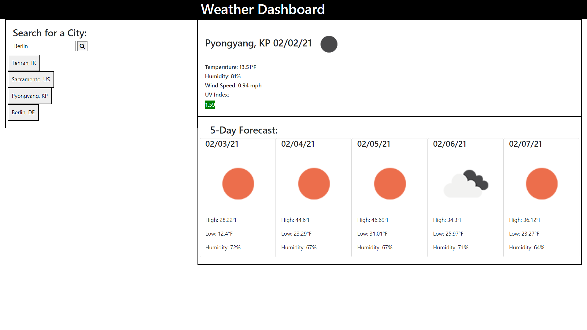 Screenshot of Weather Dashboard application