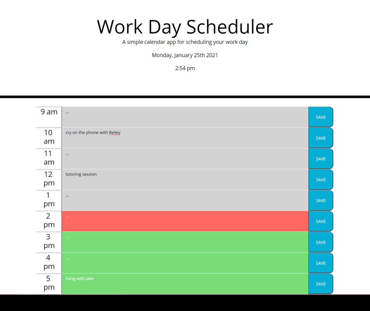 Screenshot of Work Day Scheduler application