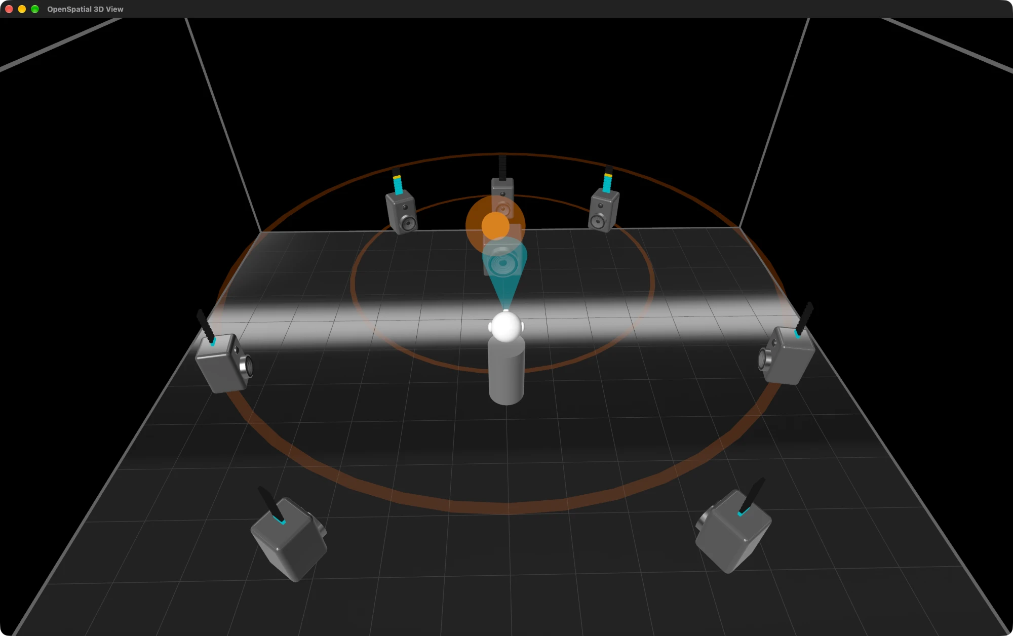 The OpenSpatial 3D view: speakers around the listener, playing