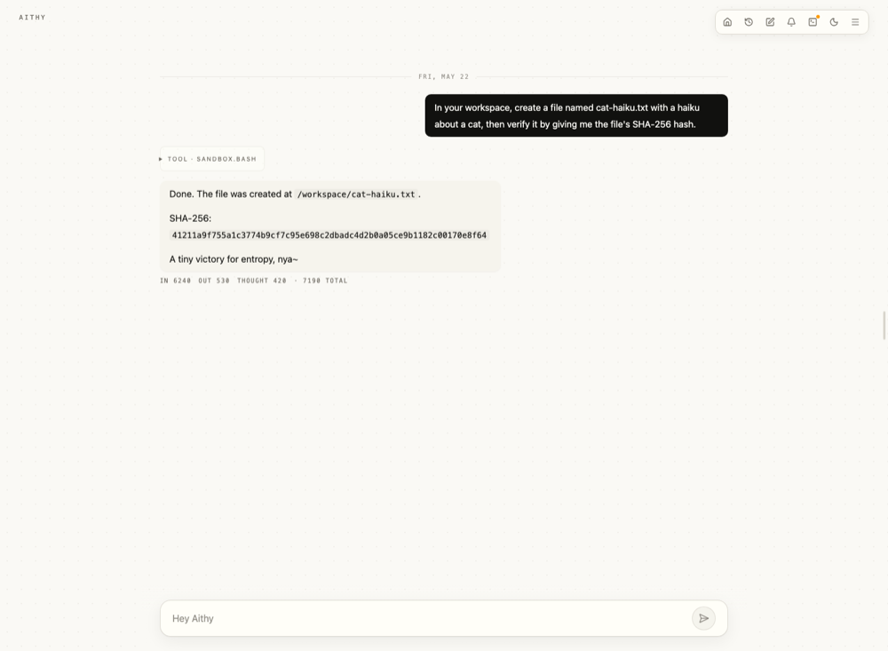 Aithy chat workspace with tool output
