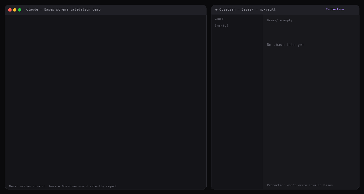A base is validated against the Bases schema before anything is written — an invalid view is rejected with the offending path named, and no file is created