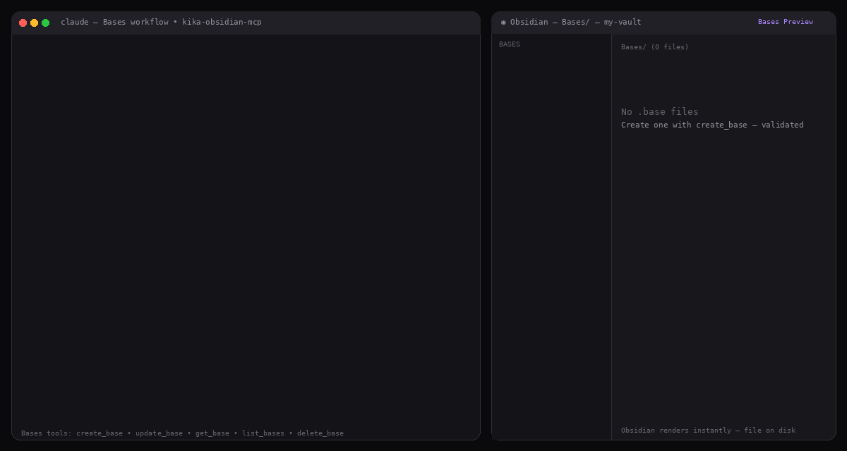 Creating a base and reading it back through the MCP tools — the full round-trip
