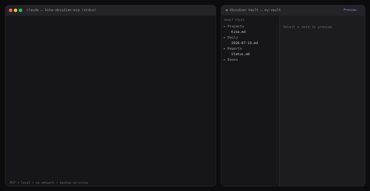 Claude drives the MCP server on the left while the Obsidian vault updates live on the right