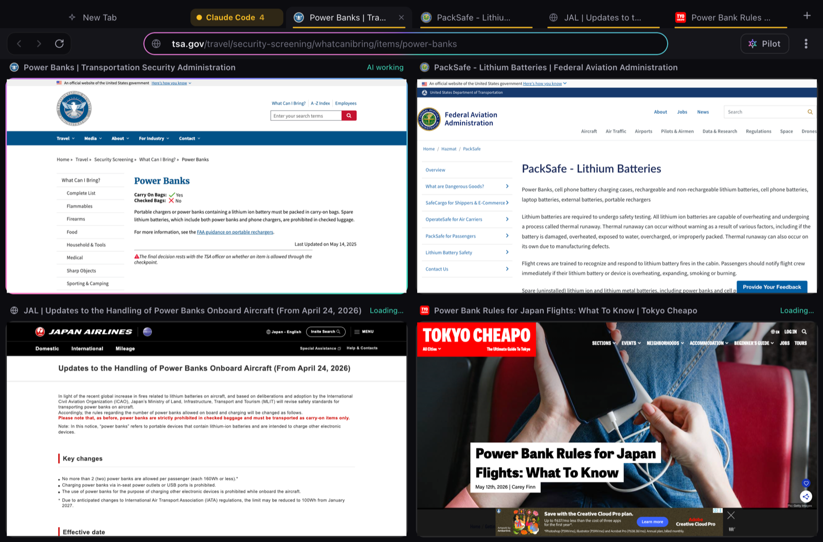 Skillerr's fleet view: an AI researching power bank rules across four live tabs
