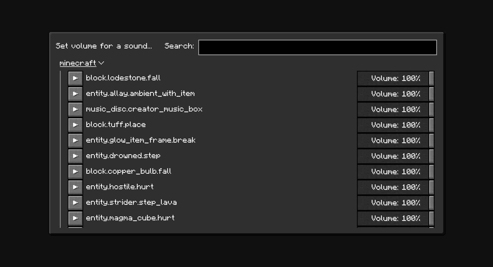 "Add forced volume to a sound" Menu. Menu for searching and adding new sounds to the configuration.