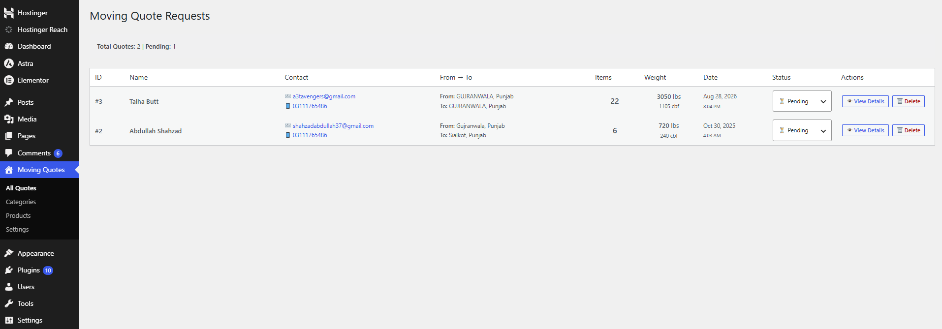 Moving Calculator Pro all quotes dashboard