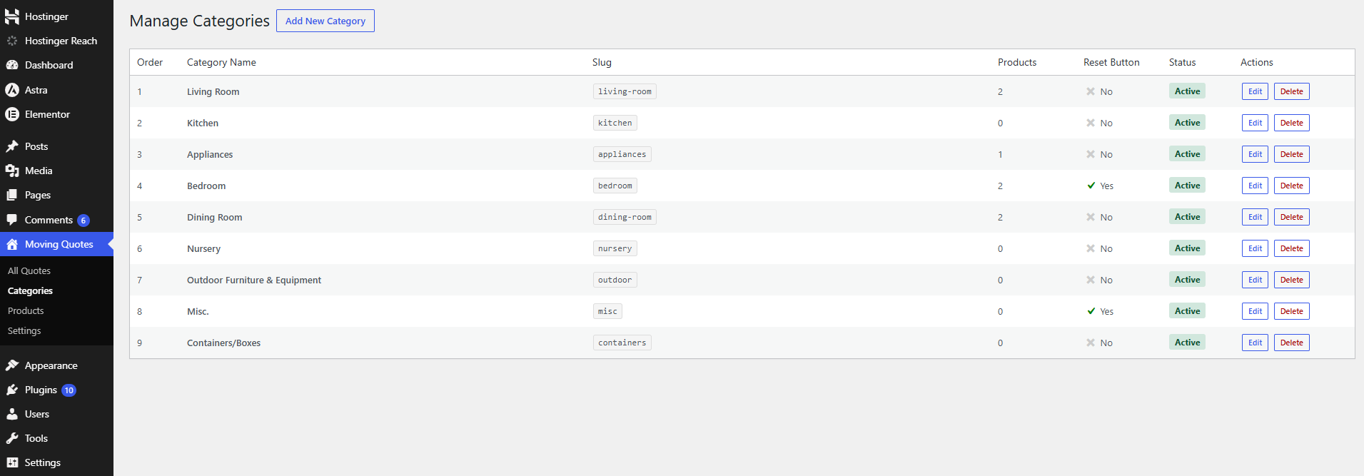 Moving Calculator Pro categories dashboard