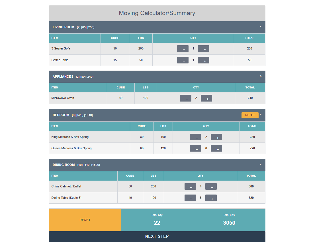 Moving Calculator Pro frontend inventory calculator